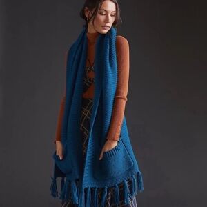 Pilcro Scarf Knit Poncho with Fringe Pockets Oversized Chunky Casual Cozy Blue